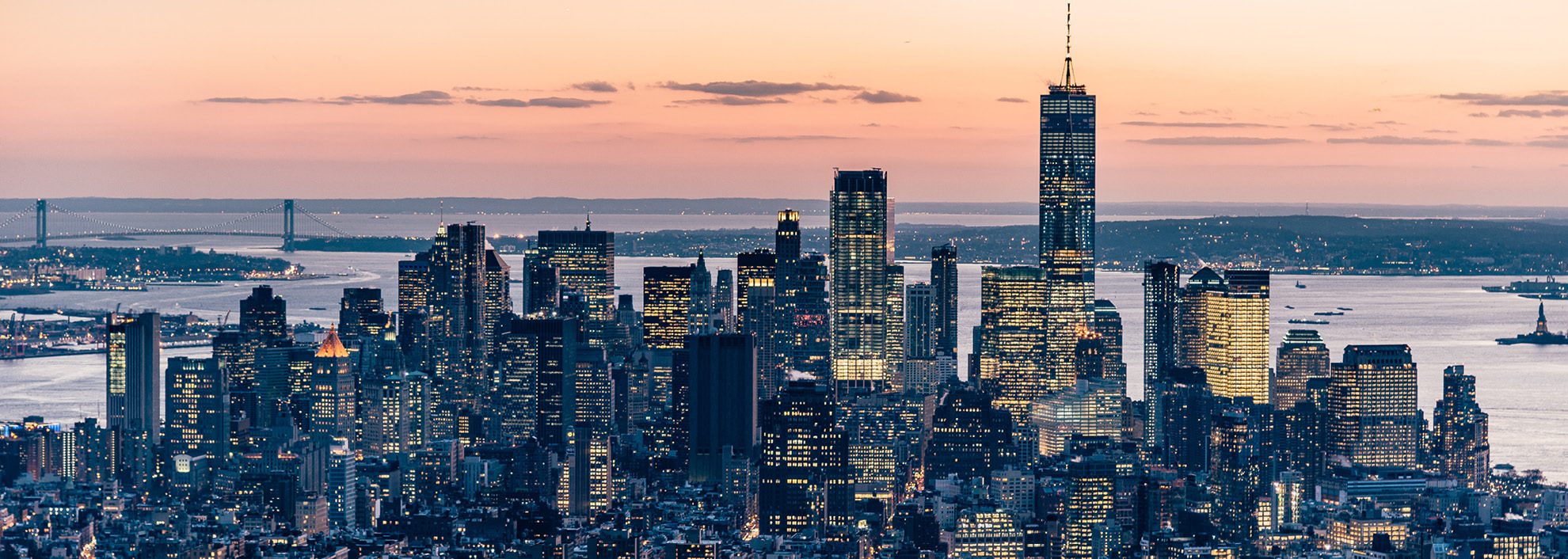 New York City skyline at dusk